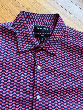 Bonobos fun geometric short sleeve button down camp shirt pink navy L slim fit